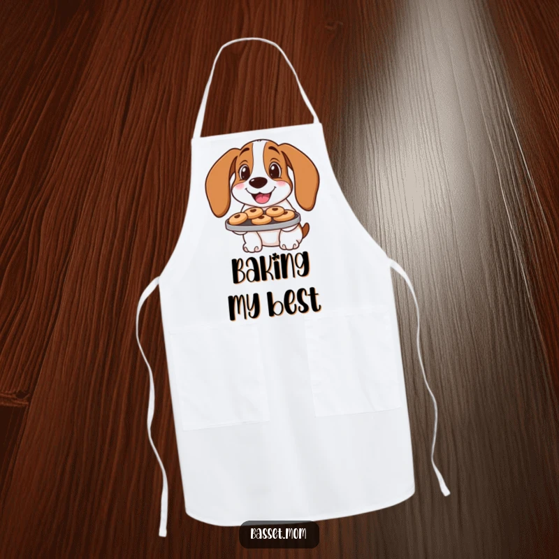 Funny Basset Hound Apron: A dog offers cookies, adding humor to baking tasks.