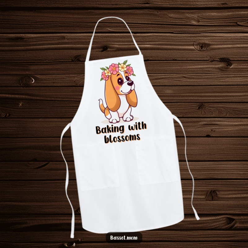 Funny Basset Hound apron featuring a dog wearing a floral crown and wagging its tail, ideal for a joyful and protected cooking experience.