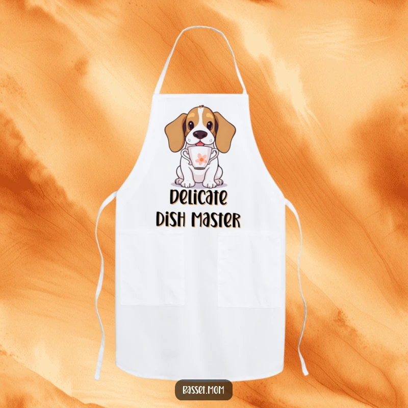 Funny Basset Hound apron showing a dog balancing a teacup on its nose, combining kitchen utility with humorous elegance.