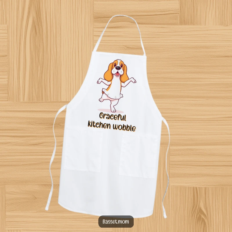 Funny Basset Hound apron featuring a dog in a ballet pose with a wobble, a humorous and stylish kitchen accessory.