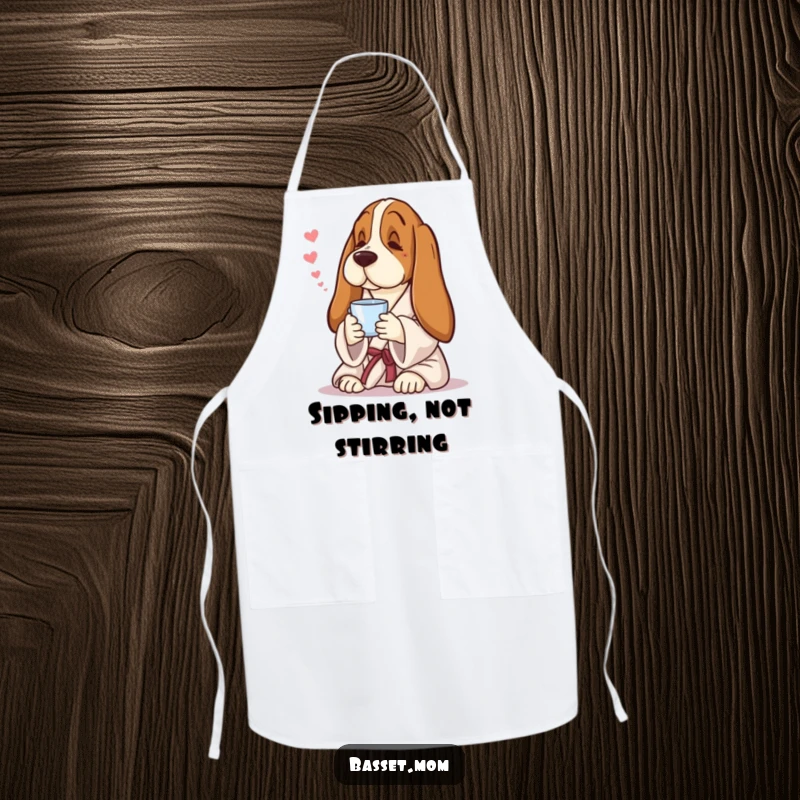 Funny Basset Hound apron, a dog in a robe and tea cup, ideal for kitchen fun.