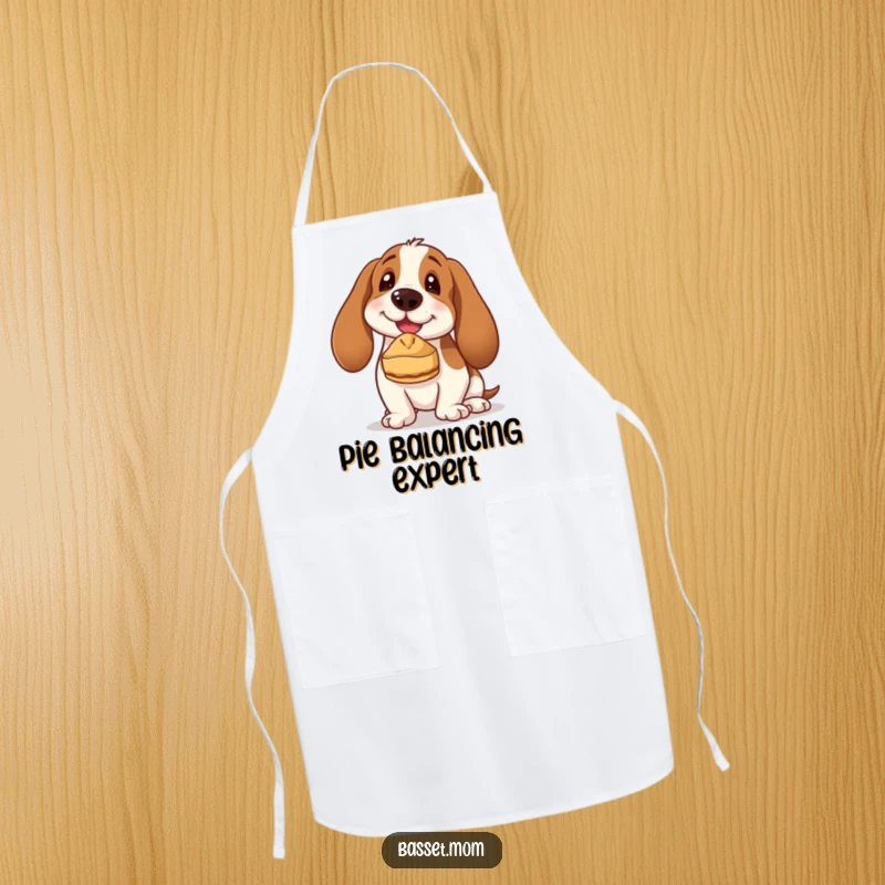 Funny Basset Hound apron featuring a dog with a determined look, balancing a small pie on its nose, ready to bake up a storm.