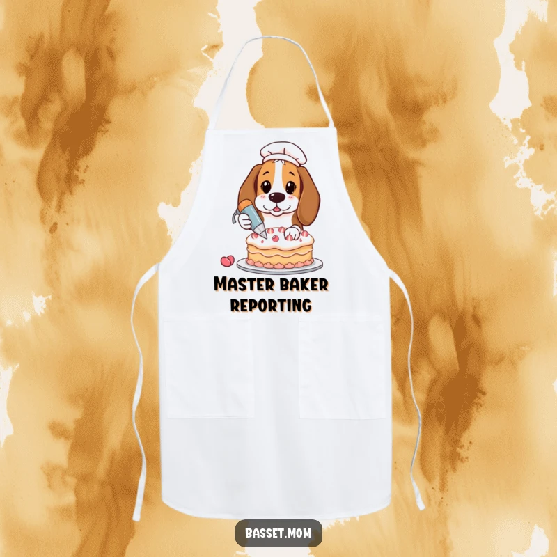 Funny Basset Hound with pastry bag, decorating cake, protective kitchen apron, humorous baker gift.