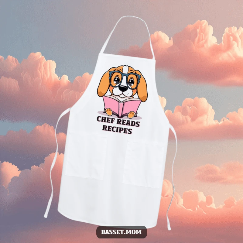 Funny Basset Hound apron showing a dog with glasses contentedly reading a book, perfect for cozy reading sessions.