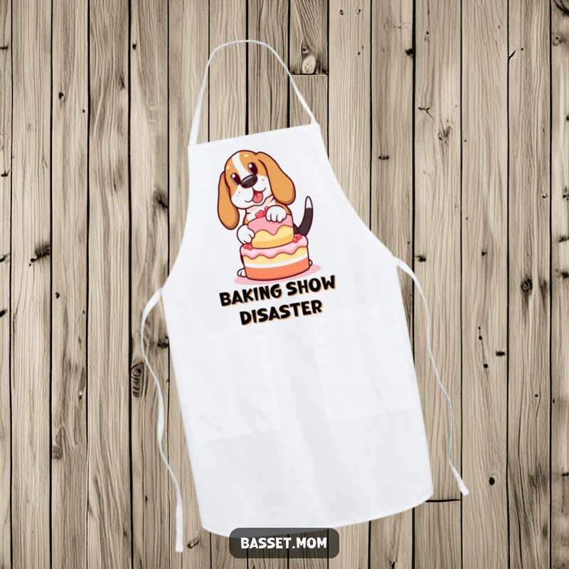 Funny Basset Hound apron, a dog attempting to balance a cake while cooking, ideal for a humorous kitchen accessory gift.