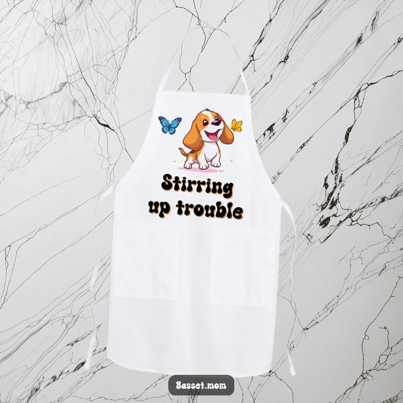 Funny Basset Hound Apron: A droopy-eared dog joyfully chasing a butterfly, perfect for happy cooking, a charming funny gift.