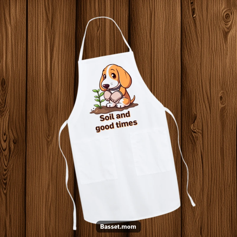 Funny Basset Hound in gardening gloves planting a tiny sprout, worn as an apron, adding humorous charm to gardening and kitchen tasks.