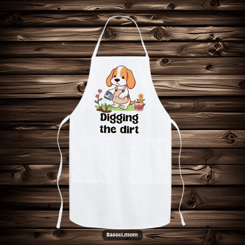 Funny Basset Hound apron featuring a dog in a gardening apron watering a flower, perfect for a humorous and protected gardening experience.