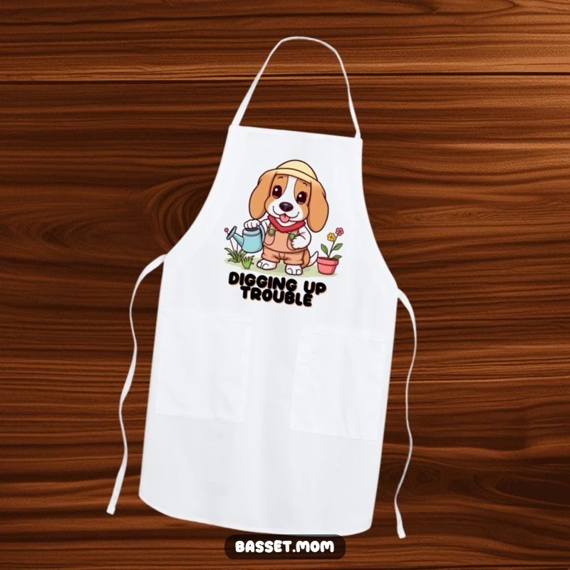Funny Basset Hound apron designed for gardeners, complete with a watering can, keeping the wearer clean and stylish.