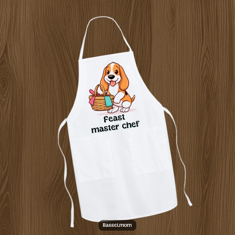 Funny Basset Hound apron, showing a dog with a happy expression balancing a picnic basket, a humorous kitchen accessory for outings.