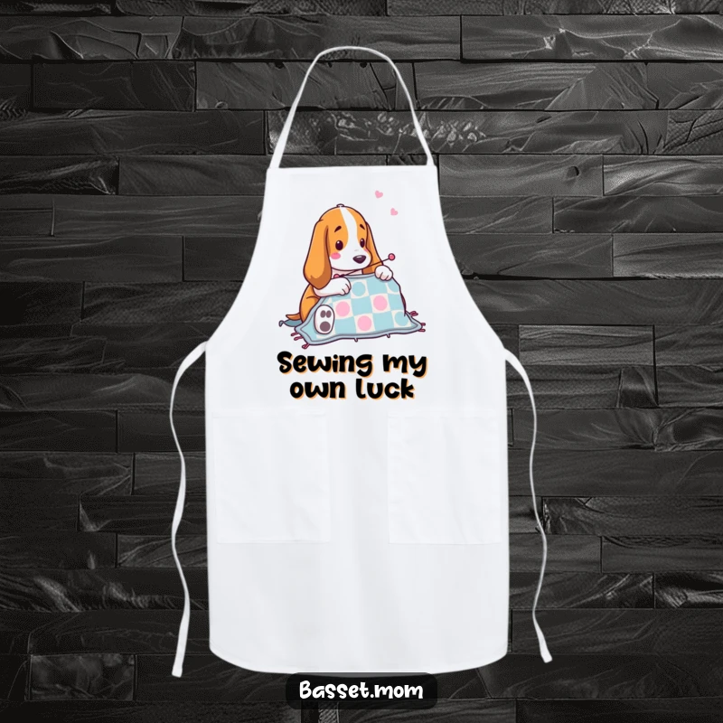Funny Basset Hound quilting apron showing a dog ready to sew a quilt, practical and humorous for crafting or kitchen use, a funny present.