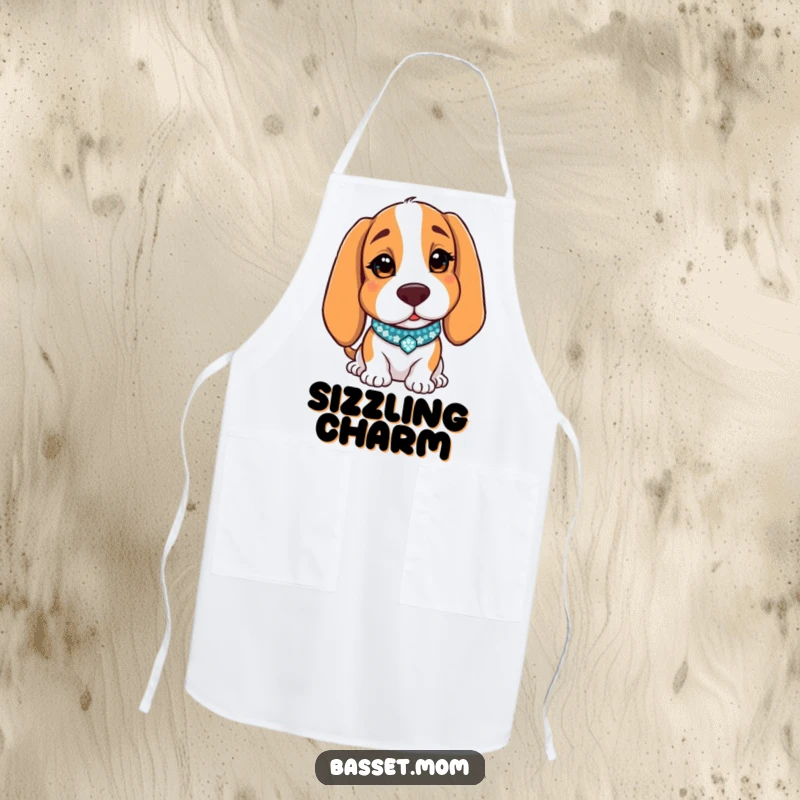 Funny Basset Hound apron featuring a dog with a sparkly collar, charmingly winking, perfect for a humorous cooking experience.