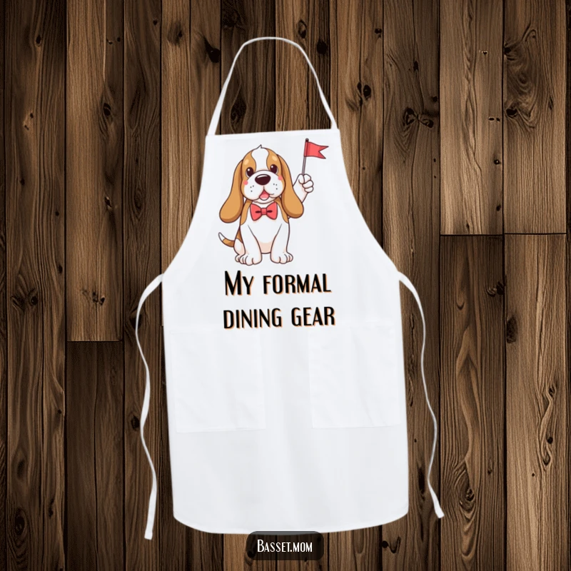 Funny plush Basset Hound in a bow tie holds a tiny flag, ready to assist with delightful, humorous kitchen tasks on this apron.