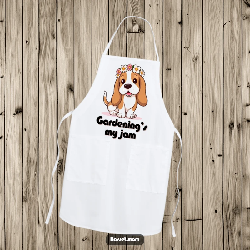 Funny Basset Hound apron, droopy ears in a flower crown, tail wagging playfully, ideal for a cheerful and protected cooking experience.