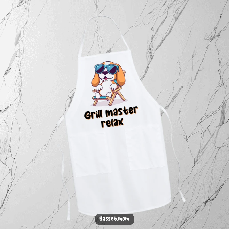 Funny Basset Hound Beach Apron: A Basset hound in cool sunglasses lounges on a tiny chair, perfect for outdoor fun, a funny gift.