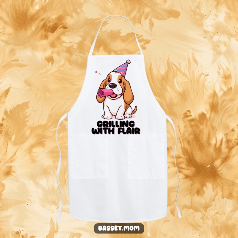 Funny Basset Hound Apron: A dog in a party hat blowing a noisemaker while cooking.