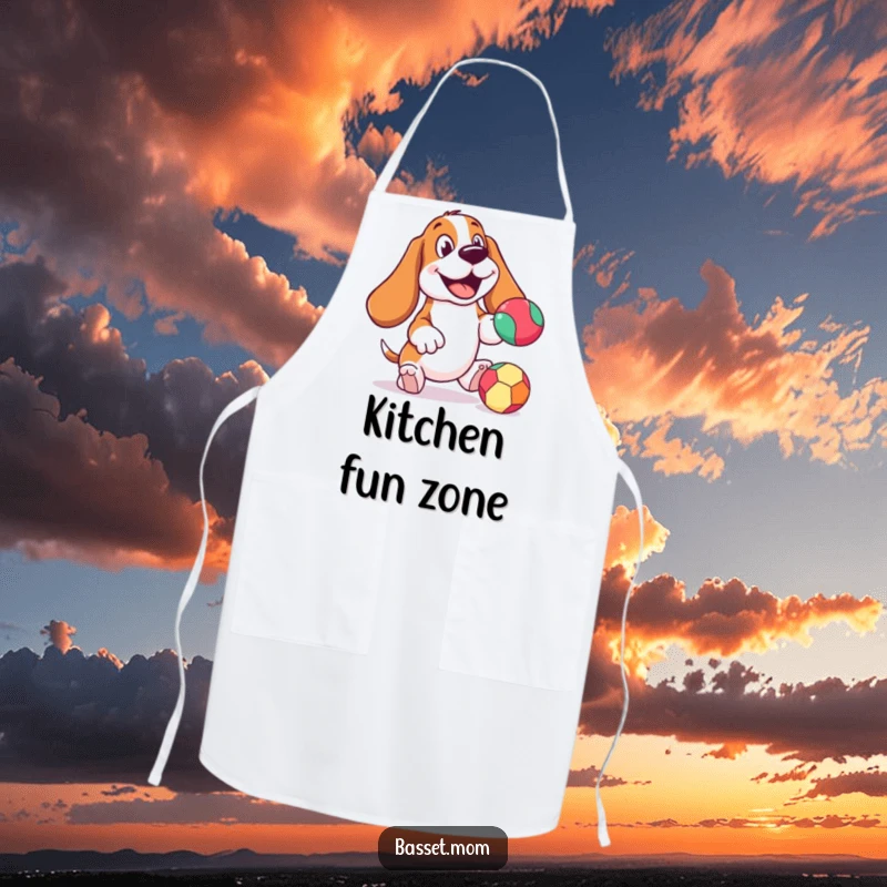 Funny Basset Hound apron, cheerful expression, bouncing a colorful ball, bringing playful energy to any cooking or baking session.