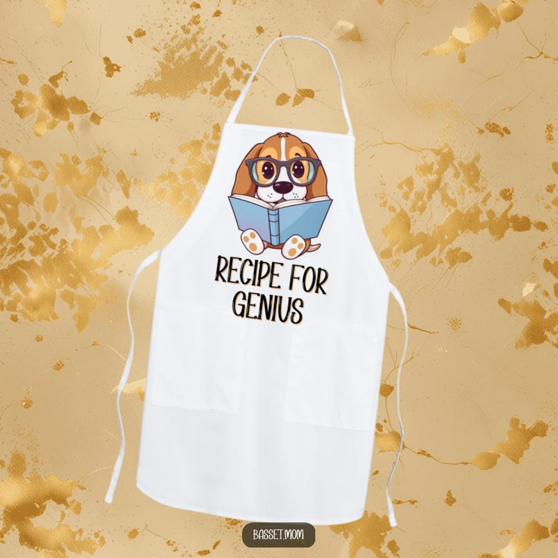 Funny Basset Hound Apron: A dog with oversized glasses reading a colorful book while cooking.