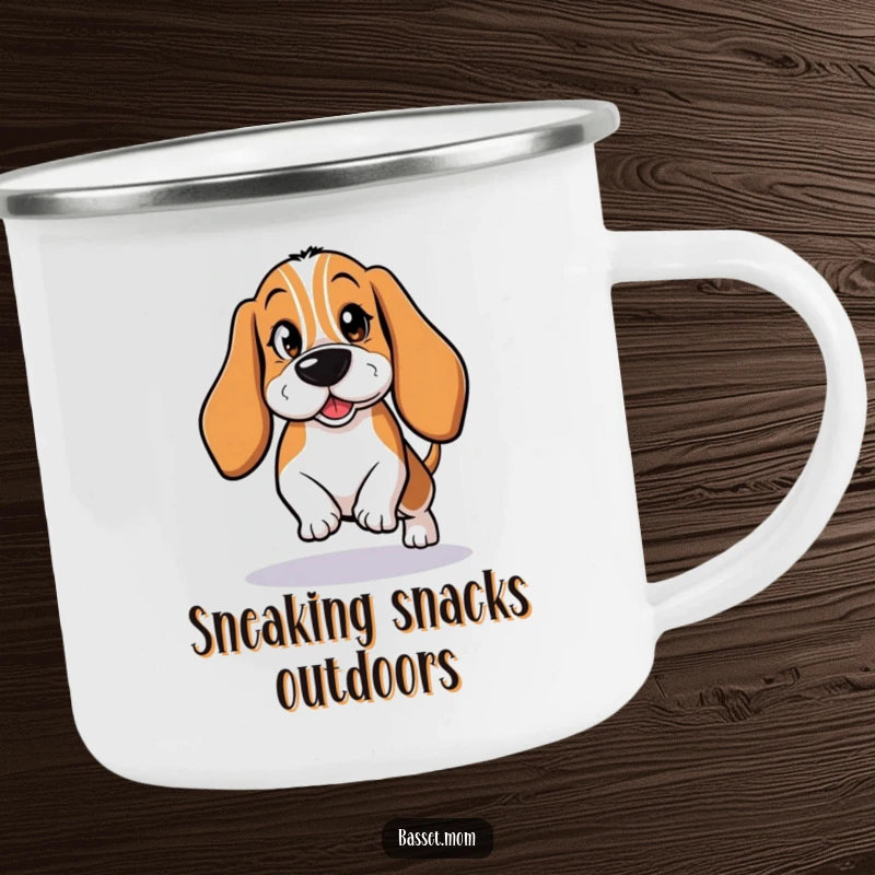 Funny Basset Hound Camping Mug: A mischievous dog tiptoeing with a wink, for outdoor fun.