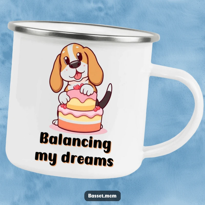 Funny Basset Hound camping mug, a dog trying to balance a cake during outdoor adventures, a humorous and sturdy beverage holder.
