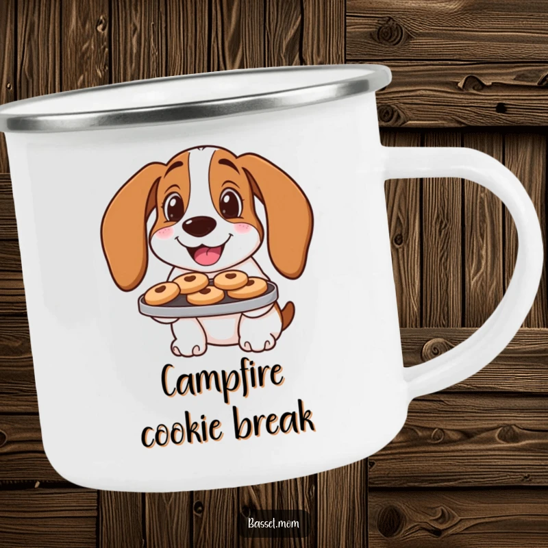 Funny Basset Hound Camping Mug: A dog offers cookies, ideal for outdoor treats.