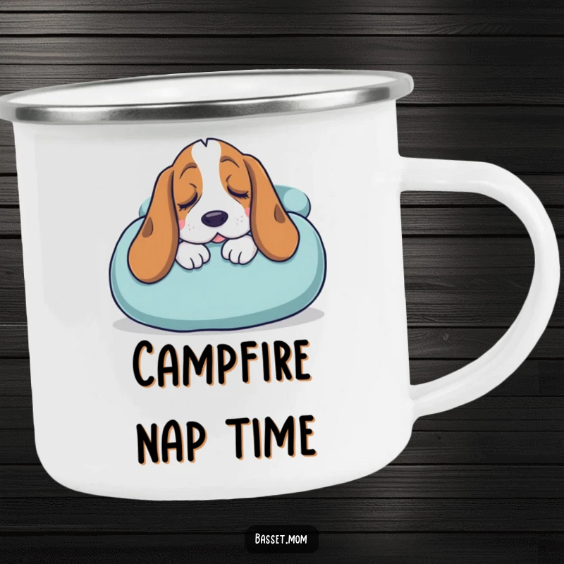 Funny Basset Hound camping mug showing a sleepy dog snuggling into a giant cushion, adding cozy humor to outdoor drinks.
