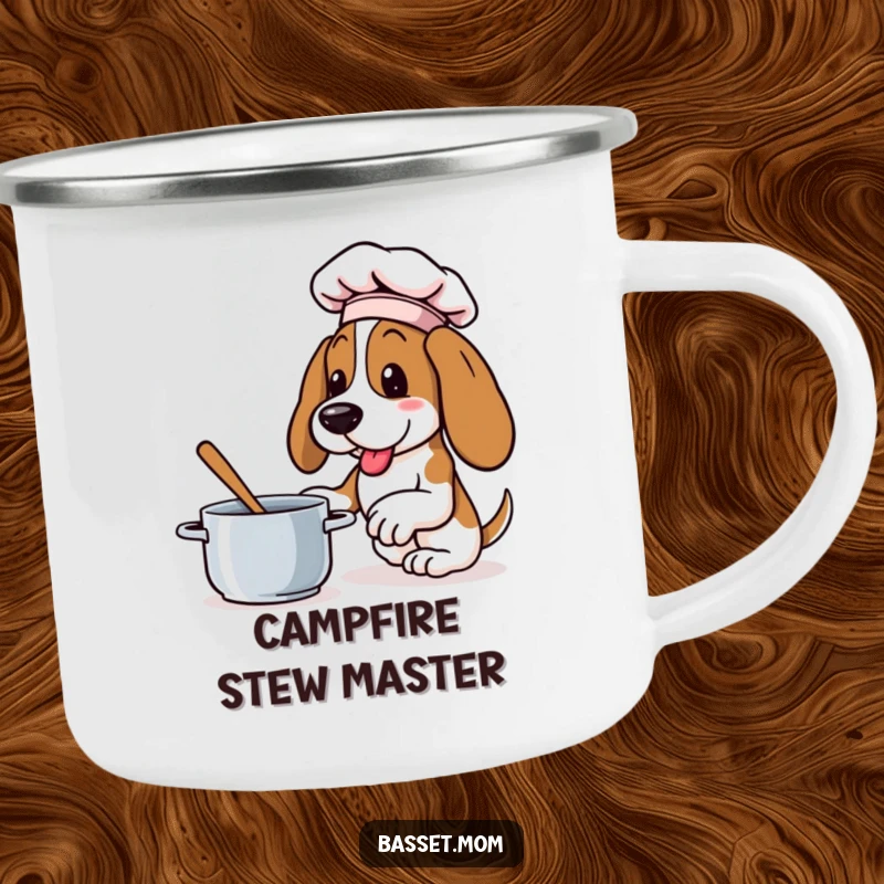 Funny Basset Hound camping mug with a dog wearing a chef hat, enthusiastically stirring a pot, great for outdoor cooks.