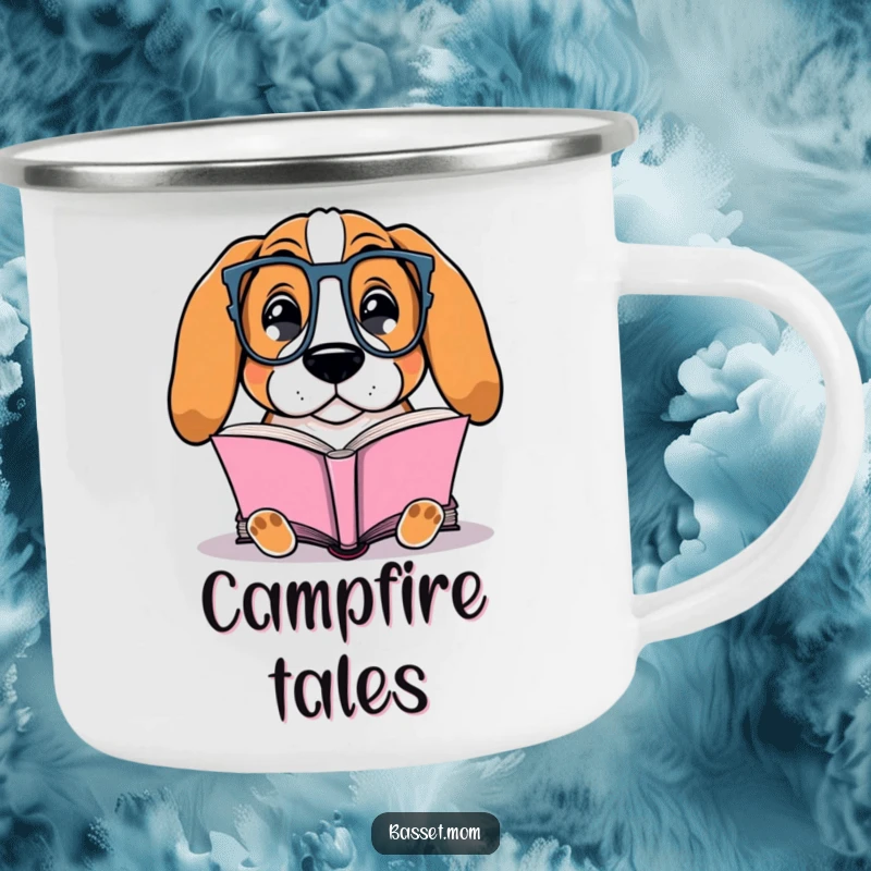 Funny Basset Hound camping mug with a dog wearing glasses contentedly reading a book, ready for cozy outdoor reading.