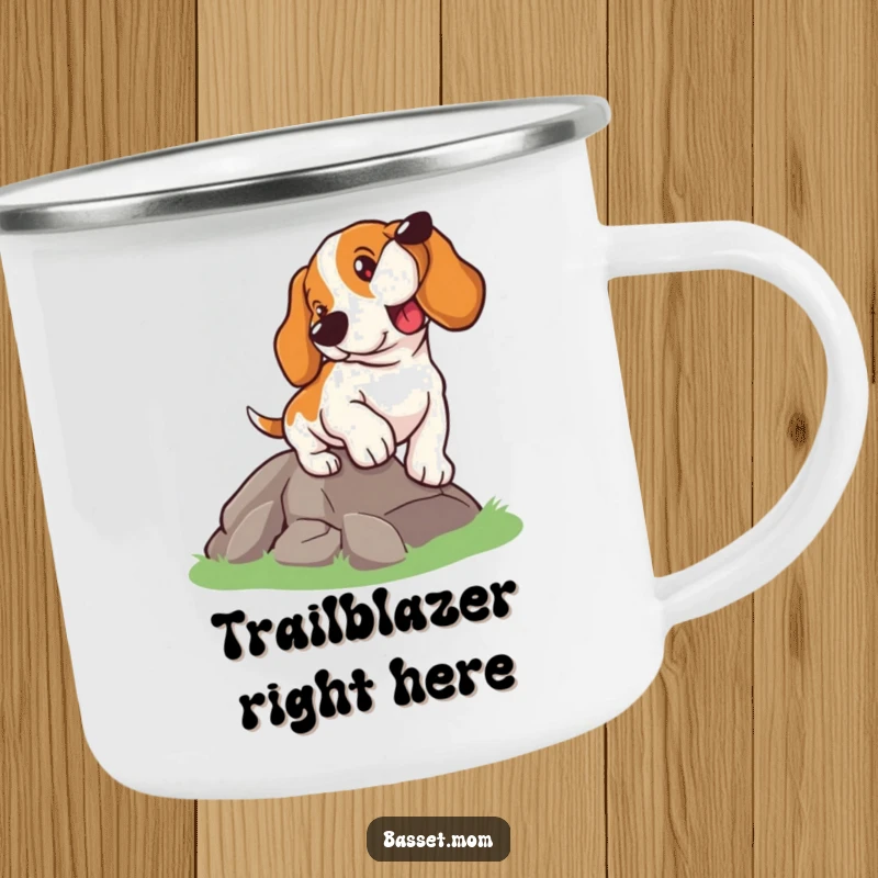 Funny Basset Hound camping mug, a determined dog climbing a hill, perfect for outdoor enthusiasts seeking motivation, a durable gift.