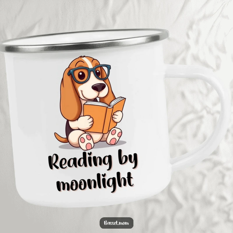 Funny Basset Hound camping mug, a dog wearing glasses reading a book, perfect for outdoor relaxation and intellectual pursuits, a durable gift.
