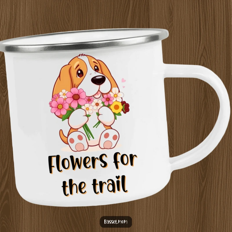 Funny Basset Hound with big paws holding a bouquet of flowers, perfect for outdoor charm and gentle humor with this camping mug.