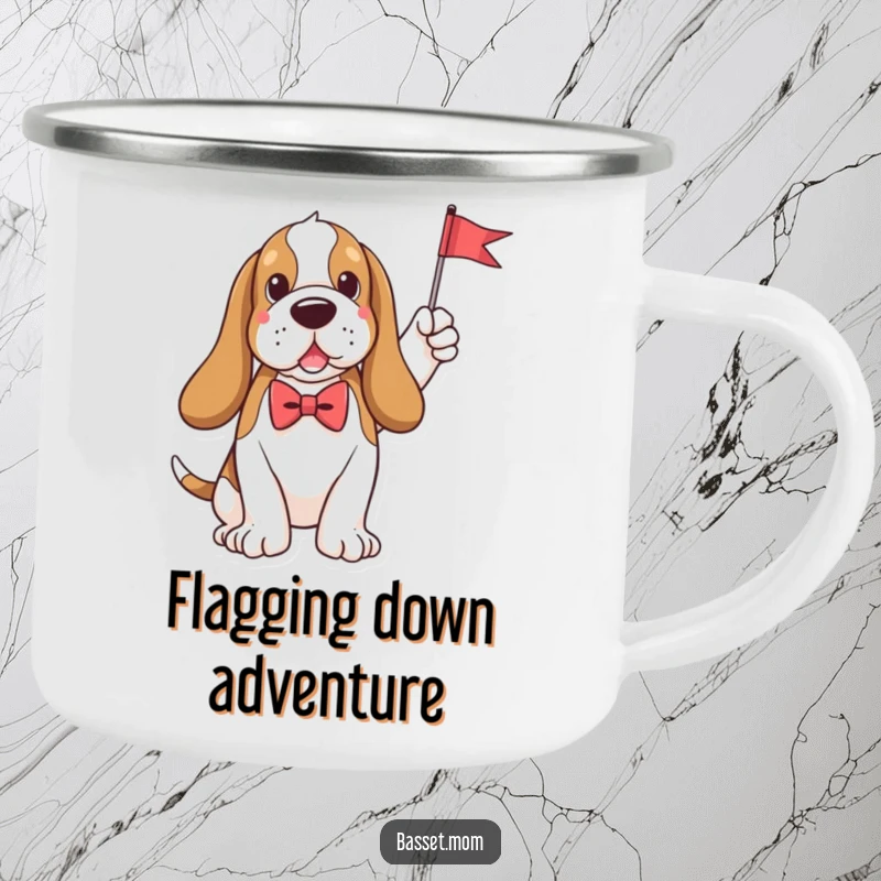Funny plush Basset Hound in a bow tie waves a tiny flag, ready for outdoor adventures on this sturdy and humorous camping mug.