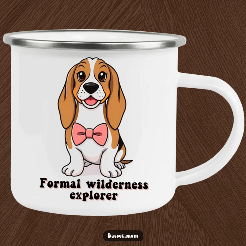 Funny Basset Hound camping mug, showing a dog wearing a tiny bowtie and posing proudly, a humorous companion for adventures.