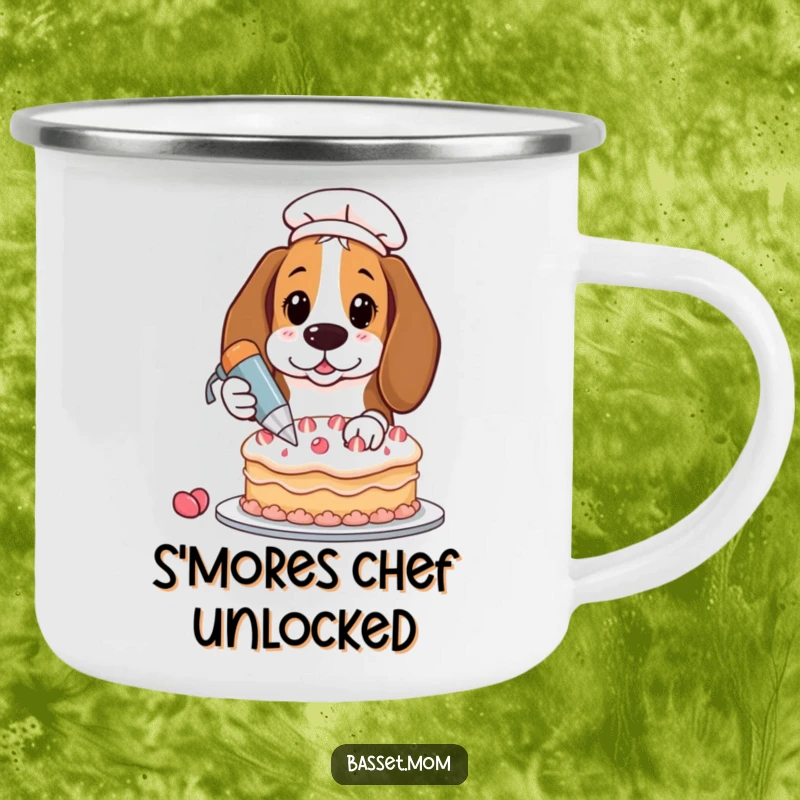 Funny Basset Hound with pastry bag, decorating cake, metal enamel mug, humorous camping accessory.