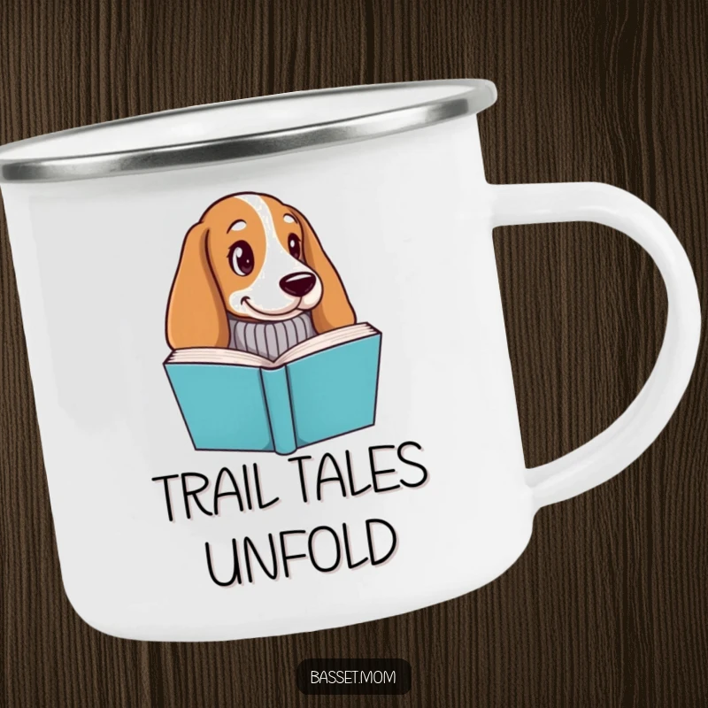 Funny Basset Hound camping mug, a dog in a knitted sweater peeking from behind a book, perfect for outdoor reading.