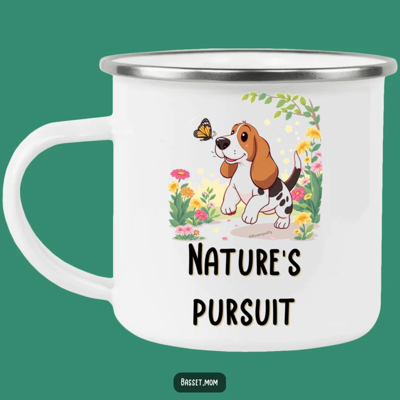 Funny Basset Hound Butterfly Chase Camping Mug: Outdoor Humor, Perfect Gift