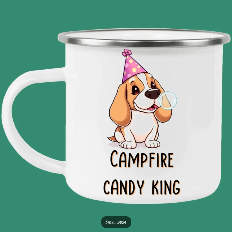 Funny Basset Hound Camping Mug: Party Pup with Lollipop Bubble Cheer