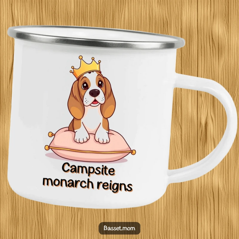 Funny Basset Hound camping mug, a crowned dog surveying its outdoor domain, for royal excursions.