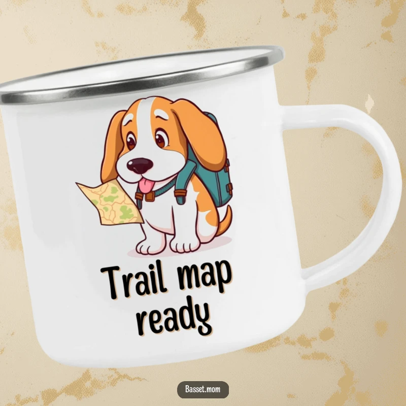 Funny Basset Hound camping mug, a dog with a backpack looking at a map, perfect for outdoor adventures.