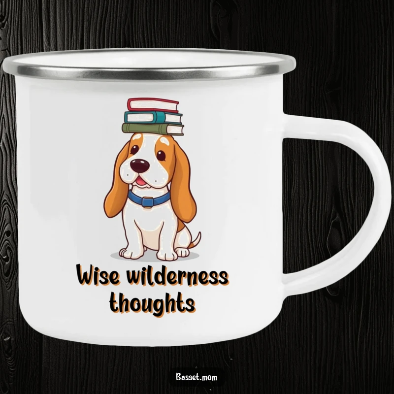 Funny Basset Hound camping mug, showing a dog balancing books on its head, a humorous travel companion for outdoor lovers.