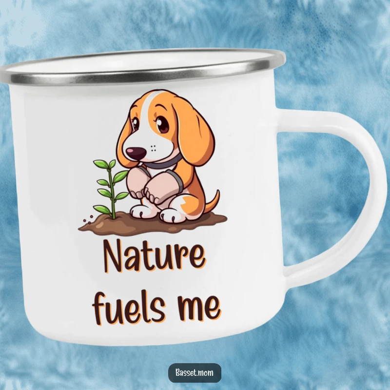 Funny Basset Hound wearing gardening gloves planting a tiny sprout, on a durable camping mug, bringing garden humor to outdoor settings.