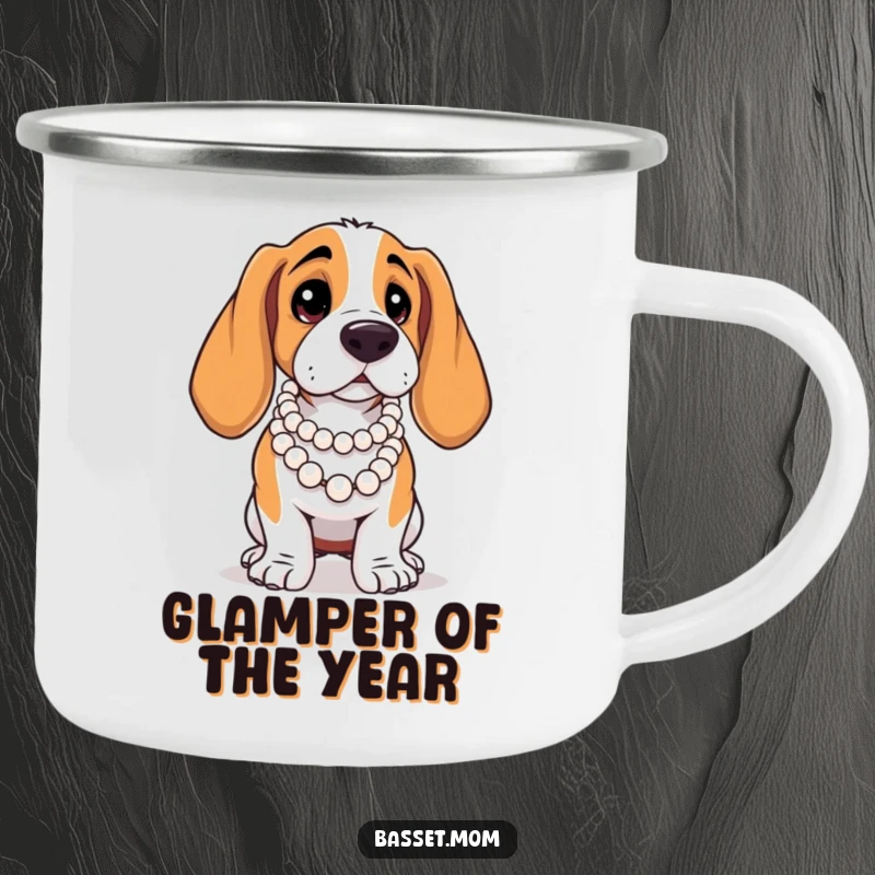 Funny Basset Hound camping mug, a dog with pearls posing dramatically, for outdoor excursions.