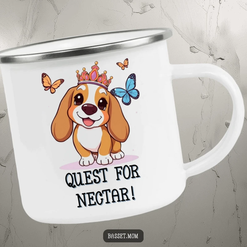 Funny Basset Hound camping mug with a tiara-wearing dog joyfully chasing a butterfly, perfect for outdoor adventures and laughs.