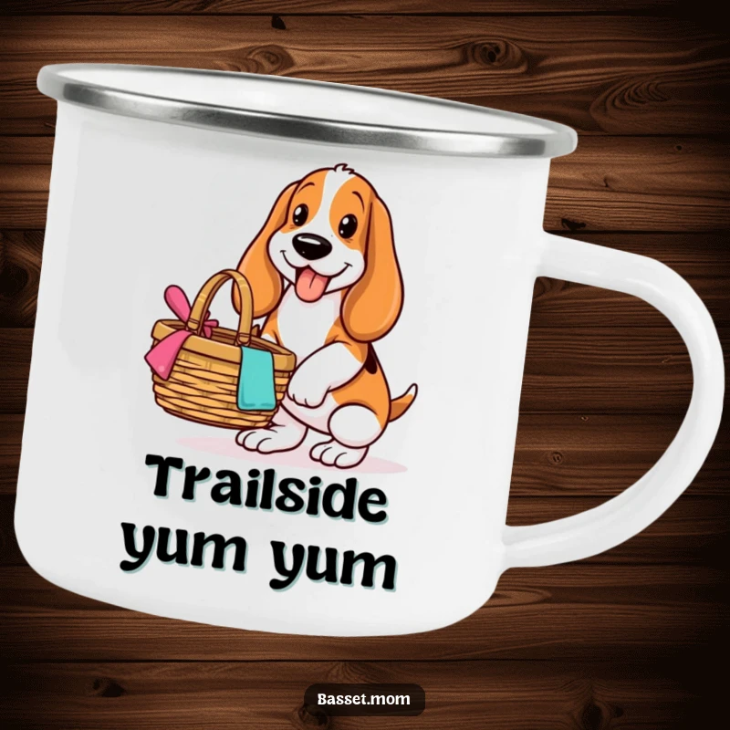 Funny Basset Hound camping mug, showing a dog with a happy expression balancing a picnic basket, a humorous outdoor companion.
