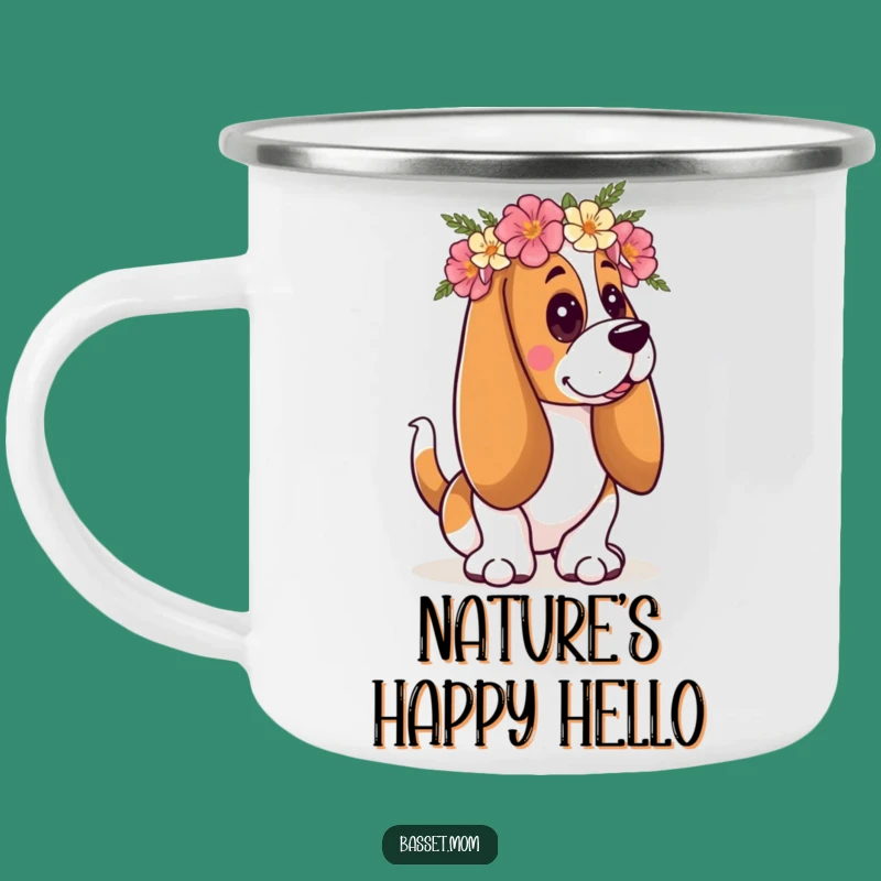 Funny Floral Basset Hound Camp Mug: Happy Trails & Floral Cheer