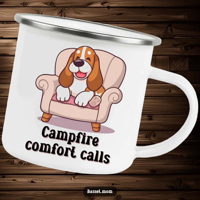 Funny Basset Hound camping mug, happy sigh while lounging on a cushioned chair, for enjoying relaxing outdoor drinks.