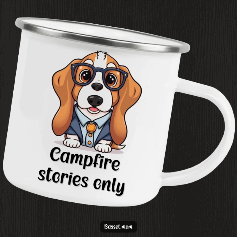 Funny librarian Basset Hound camping mug with a dog in spectacles, perfect for outdoor reading, a humorous and durable cup.