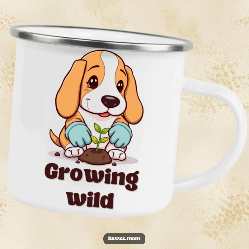 Funny Basset Hound Camping Mug: A dog plants a seed, ideal for outdoor garden lovers.