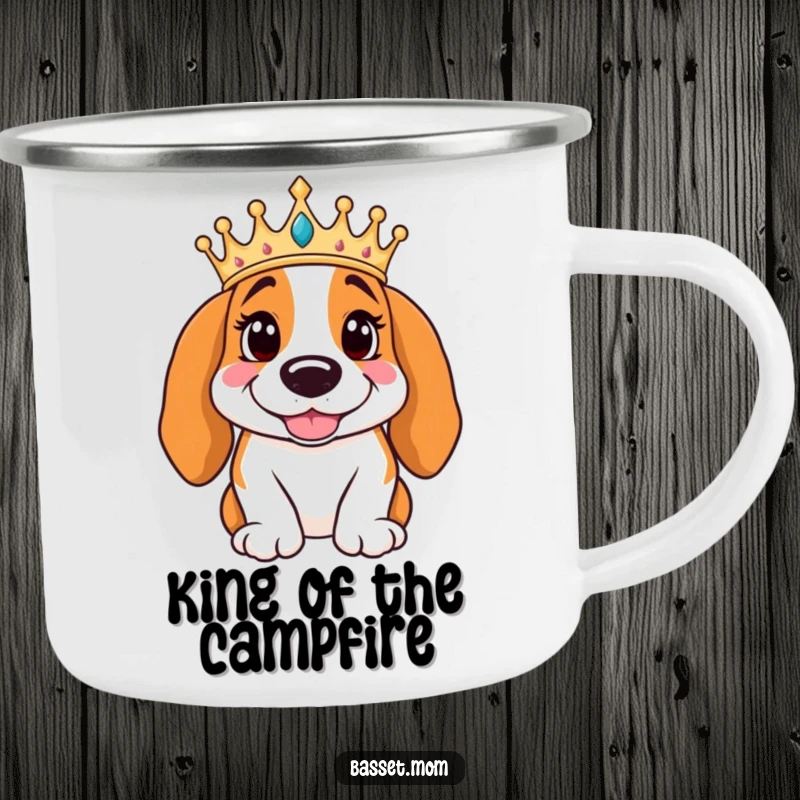 Funny Basset Hound wearing a crown poses regally with a smile, on a durable camping mug, bringing royal humor to outdoor settings.