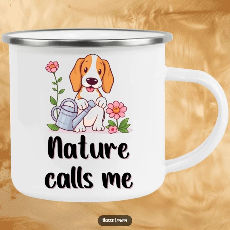 Funny Basset Hound camping mug, a dog with a tiny watering can, watering a large flower, ready for outdoor adventures.